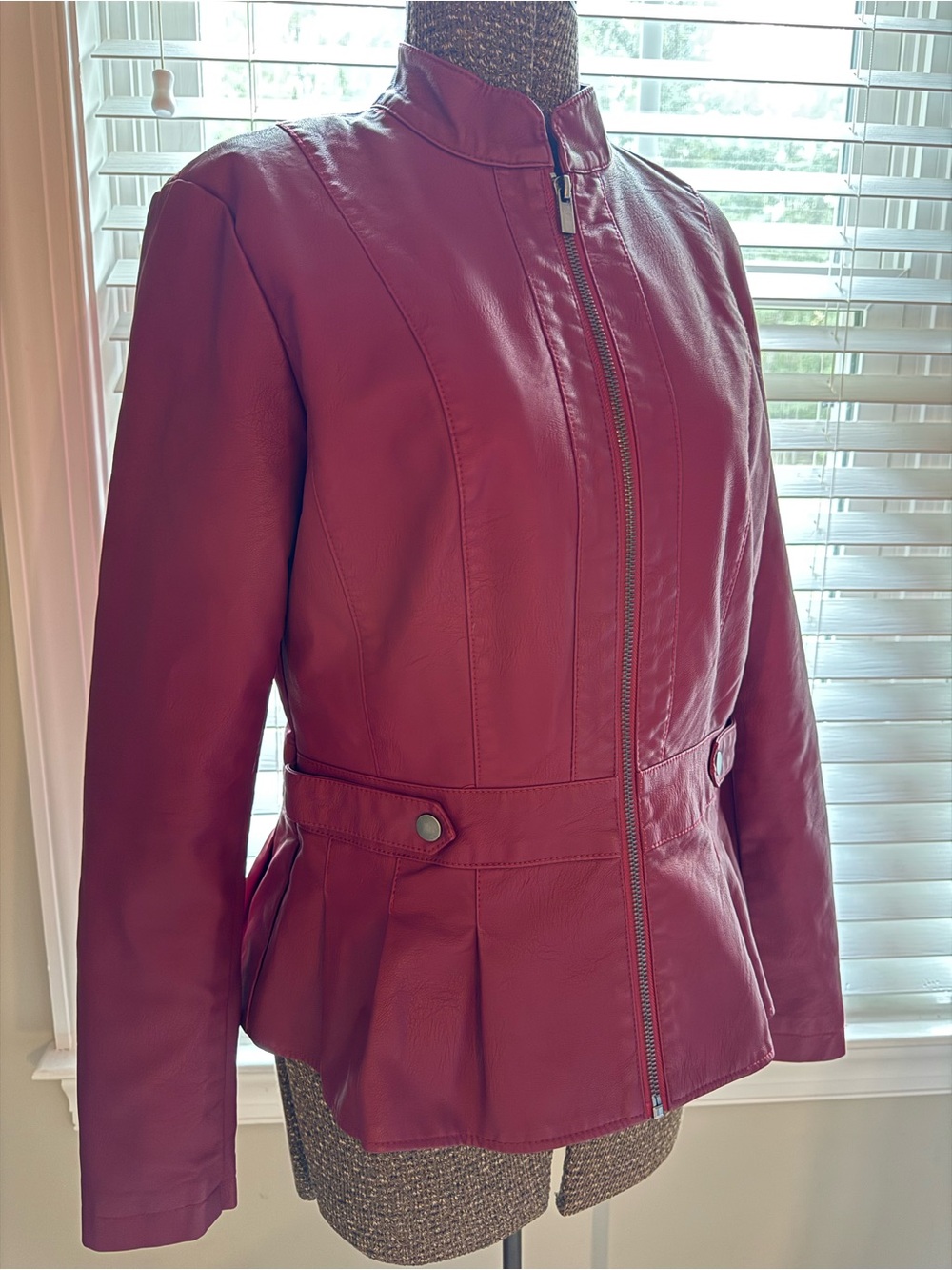 Baccini Raspberry Red Faux Leather Zip-Peplum Jacket